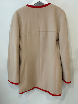 Chanel 1980's Vintage Wool Beige and Red Jacket with Gold CC Button Details Size FR 38 (UK 10)