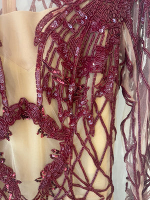 Zuhair Murad Burgundy Sequin Embellished Long-sleeve Midi Dress Size FR 34 (UK 6)