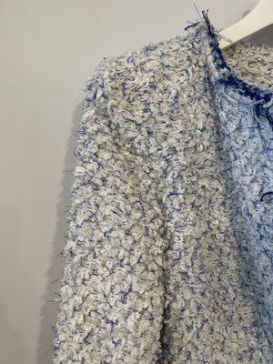 Chanel SS18 White and Blue Fantasy Tweed Jacket with Silver CC Logo Button Detail Size FR 38 (UK 10) RRP £5,100