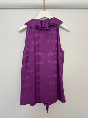Chanel 22P Purple Silk Sleeveless Button Down Top with Ruffle Neckline and Logo Detail Size FR 38 (UK 10)