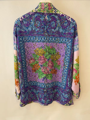 Gianni Versace Couture 90's Purple and Multicolour Silk Floral Lace Baroque Shirt with Gold Buttons Size IT 44 (UK 12)
