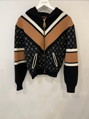 Louis Vuitton Black, Beige and White Cashmere Zipped Hoodie Monogram Jacket with Gold Details Size XS (UK 6)