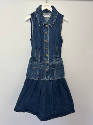 Self-Portrait Denim Gilet & Pleated Skirt Set with Multicolour Buttons Detail Size (UK 6)