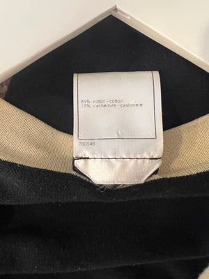 Chanel Black Cashmere Long Cardigan with Cream Trim Detail, Gold Glitter and Silver CC Buttons Size FR 38 (UK 10)