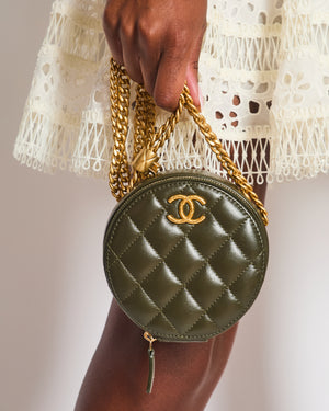 Chanel Lambskin Quilted Khaki Round Coco Crush Clutch with Brushed Gold Hardware