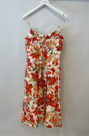 Zimmemann White and Orange Printed Floral Midi Dress Size 2 (UK 10/12)