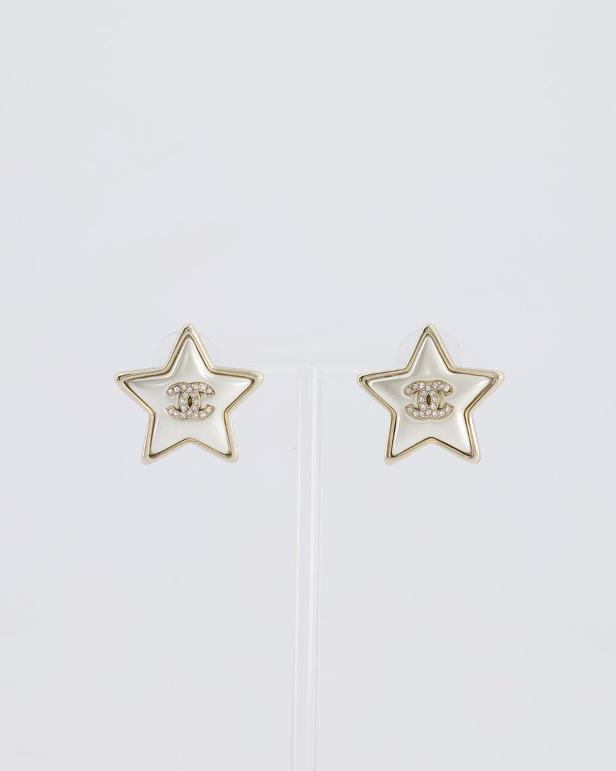Chanel Pearl Star Stud Earrings With Crystal CC Logo and Silver Hardware
