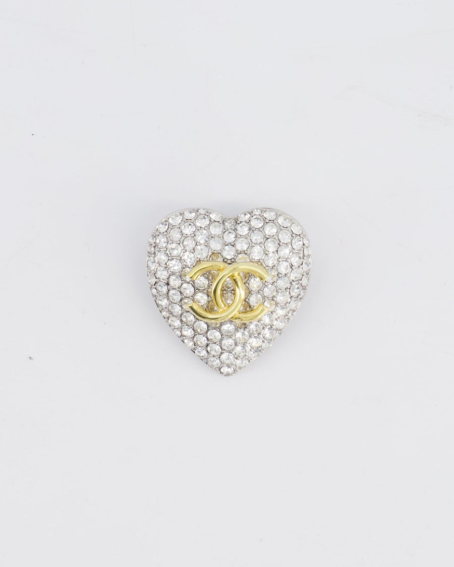 Chanel Crystal Heart Brooch With Gold CC Logo and Hardware