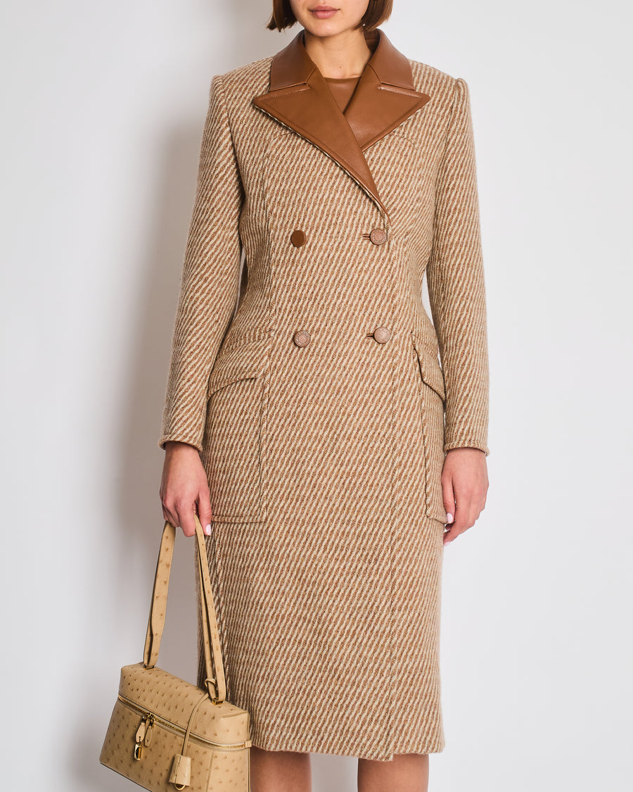 *SUPER HOT* Hermes Caramel and Grey Wool Cashmere Coat with Leather Collar Detail Size FR 36 UK 8