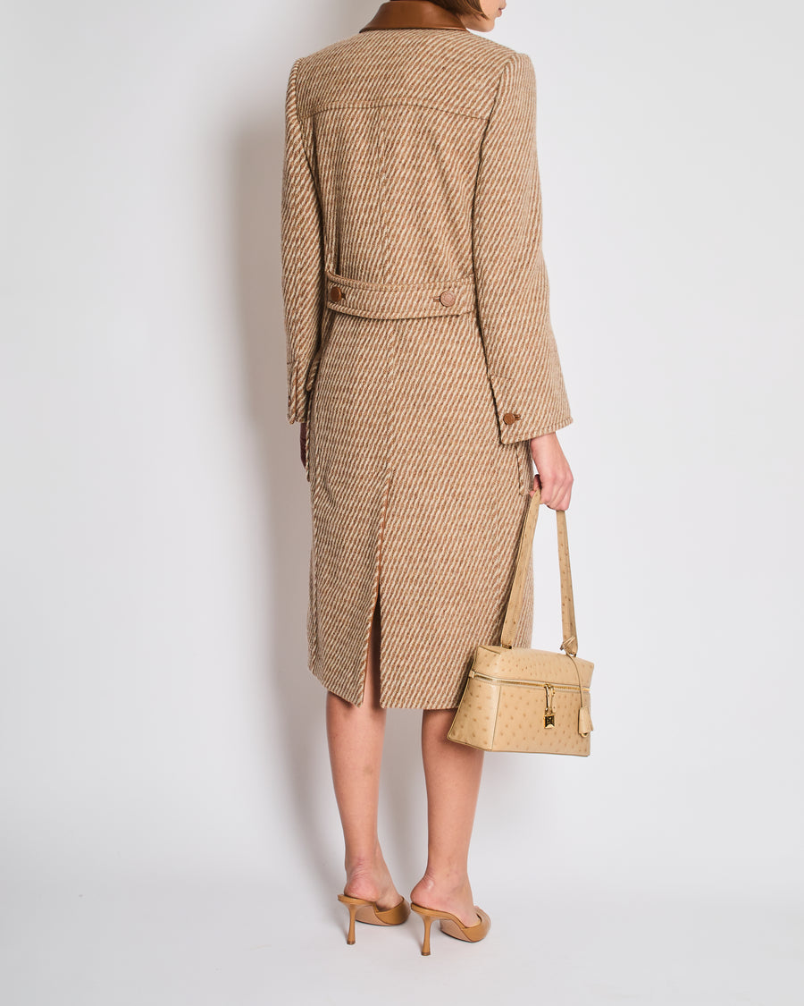 *SUPER HOT* Hermes Caramel and Grey Wool Cashmere Coat with Leather Collar Detail Size FR 36 UK 8