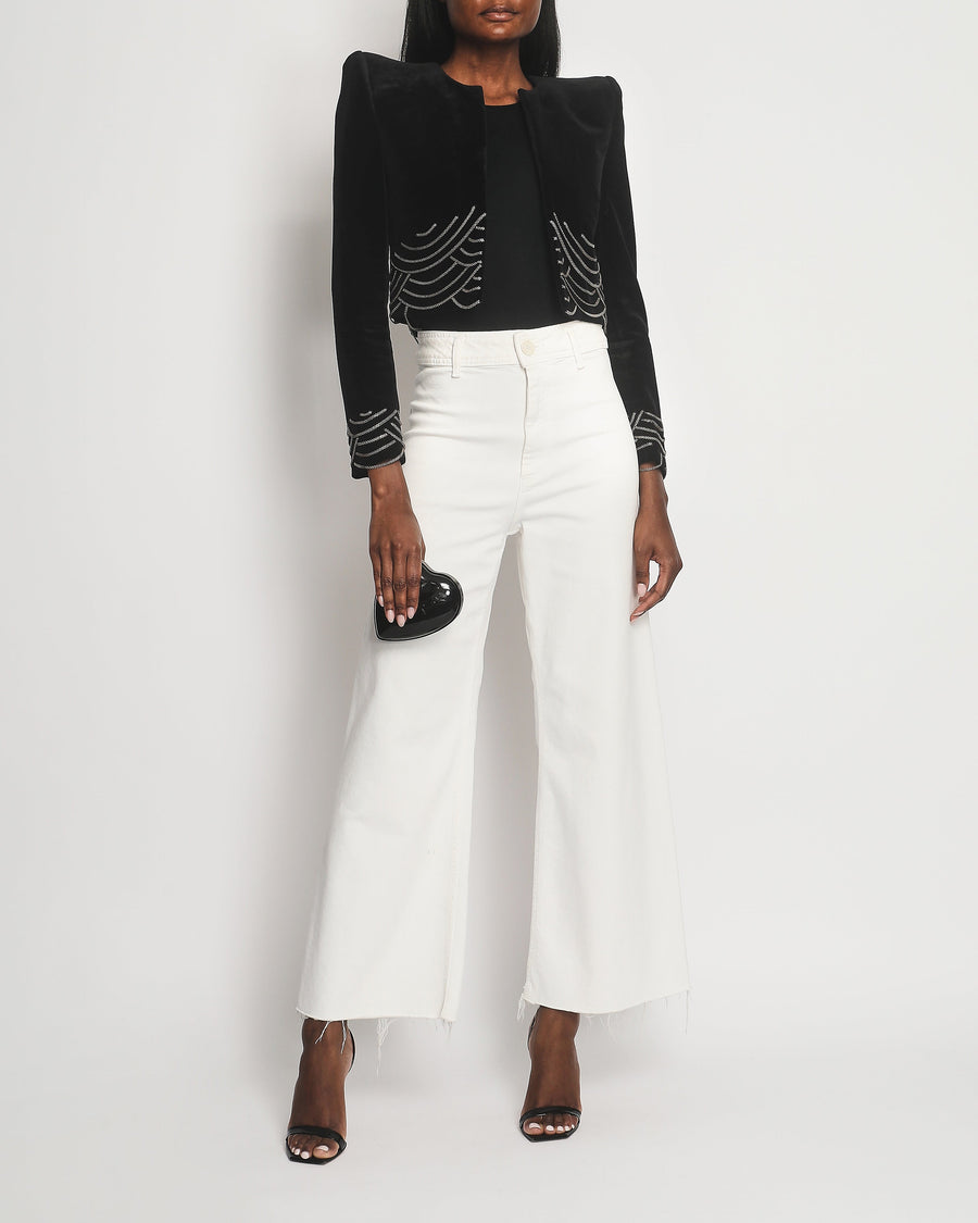 Saint Laurent Black Velvet Cropped Blazer Jacket With Silver Chain Detail Size FR 38 (UK 10)