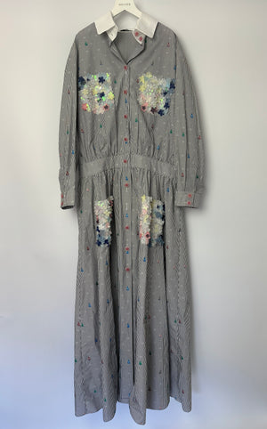 Chanel 23/C Black and White Stripe Long Sleeve Dress with Floral Embellished Pockets and CC buttons Size FR 46 (UK 18) RRP £12,200
