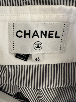 Chanel 23/C Black and White Stripe Long Sleeve Dress with Floral Embellished Pockets and CC buttons Size FR 46 (UK 18) RRP £12,200