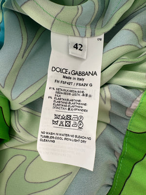 Dolce & Gabbana Green and Blue Floral Cropped Silk Shirt Size IT 42 (UK 10)