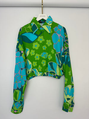 Dolce & Gabbana Green and Blue Floral Cropped Silk Shirt Size IT 42 (UK 10)