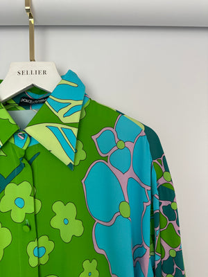 Dolce & Gabbana Green and Blue Floral Cropped Silk Shirt Size IT 42 (UK 10)