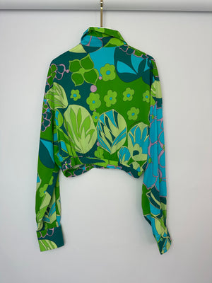 Dolce & Gabbana Green and Blue Floral Cropped Silk Shirt Size IT 42 (UK 10)