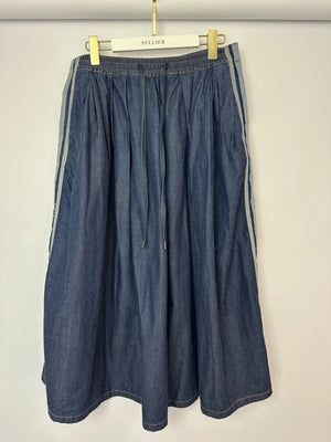 Christian Dior Navy Denim Midi Skirt with Logo Stripe Detail and Elasticated Waist Size FR 42 (UK 14)