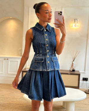 Self-Portrait Denim Gilet & Pleated Skirt Set with Multicolour Buttons Detail Size (UK 6)