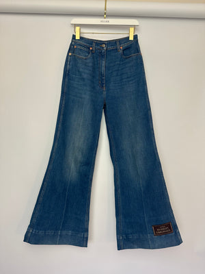 Gucci Blue Denim Flair Leg Jeans with Logo Patch on the Back and Front Size W 27 (UK 8)