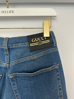 Gucci Blue Denim Flair Leg Jeans with Logo Patch on the Back and Front Size W 27 (UK 8)