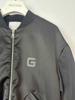 Gaëlle Paris Black Bomber Jacket with Raunched Sleeves and Crystal G Detail Size IT 42 (UK 10)