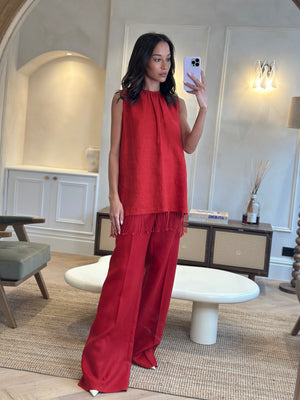 Max Mara Red Linen Sleeveless Top and Trouser Set with Fringing Size IT 48 (UK 16)