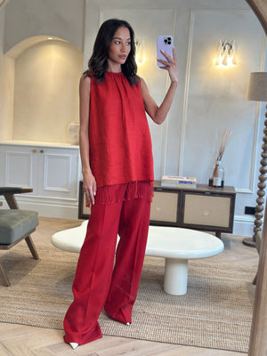 Max Mara Red Linen Sleeveless Top and Trouser Set with Fringing Size IT 48 (UK 16)