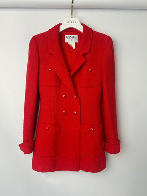 Chanel Red Tweed Jacket with Red and Gold Buttons Size FR 38 (UK 10)