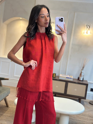 Max Mara Red Linen Sleeveless Top and Trouser Set with Fringing Size IT 48 (UK 16)