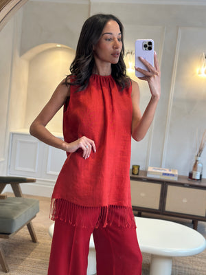 Max Mara Red Linen Sleeveless Top and Trouser Set with Fringing Size IT 48 (UK 16)