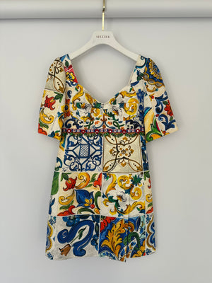Dolce & Gabbana Yellow Majolica Mid Sleeve Embellished Midi Dress Size IT 40 (UK 8)
