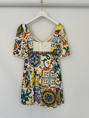 Dolce & Gabbana Yellow Majolica Mid Sleeve Embellished Midi Dress Size IT 40 (UK 8)