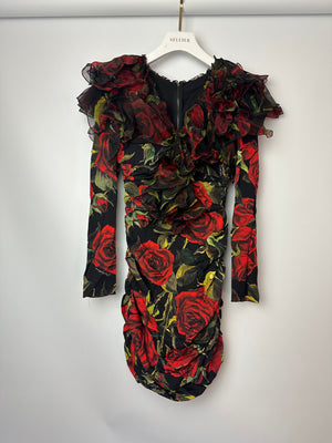 Dolce & Gabbana Black Red and Green Long Sleeve Rose Print Mini Dress with Mesh Ruffle Neckline Size IT 40 (UK 8)