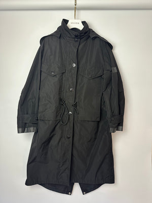 Burberry Black Nylon Trench Coat with Draw Strings Detail Size UK 6