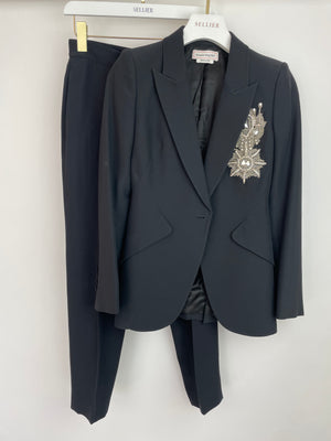 Alexander McQueen Black Tailored Blazer Jacket and Matching Trousers Set with Metallic Embroidery Detail Size IT 36 (UK 4)