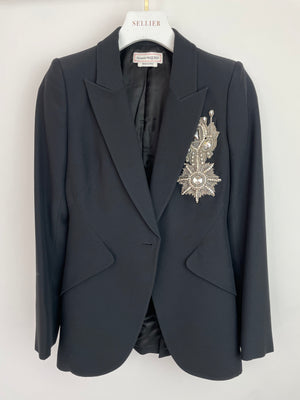 Alexander McQueen Black Tailored Blazer Jacket and Matching Trousers Set with Metallic Embroidery Detail Size IT 36 (UK 4)