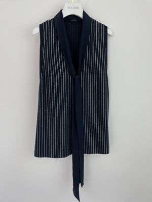 Balmain Navy Sleeveless Shirt Blouse With Crystal Pinstripes and Tie-Up Bow Detail Size 38 (UK 10)
