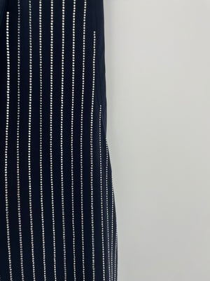 Balmain Navy Sleeveless Shirt Blouse With Crystal Pinstripes and Tie-Up Bow Detail Size 38 (UK 10)