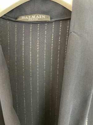 Balmain Navy Sleeveless Shirt Blouse With Crystal Pinstripes and Tie-Up Bow Detail Size 38 (UK 10)