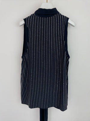 Balmain Navy Sleeveless Shirt Blouse With Crystal Pinstripes and Tie-Up Bow Detail Size 38 (UK 10)