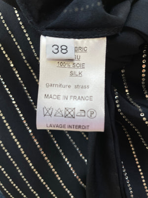Balmain Navy Sleeveless Shirt Blouse With Crystal Pinstripes and Tie-Up Bow Detail Size 38 (UK 10)