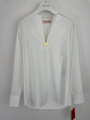 Valentino White V-Neck Logo Plaque Cotton Poplin Shirt Size IT 36 (UK 4)