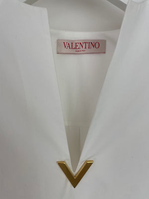 Valentino White V-Neck Logo Plaque Cotton Poplin Shirt Size IT 36 (UK 4)
