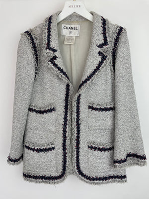 Chanel 08P Light Grey Tweed Jacket with Contrast Navy and Red Tweed Trim with CC Detail Buttons On The Cuff Size FR 38 (UK 10)
