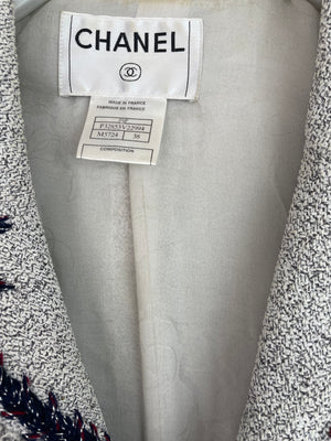 Chanel 08P Light Grey Tweed Jacket with Contrast Navy and Red Tweed Trim with CC Detail Buttons On The Cuff Size FR 38 (UK 10)