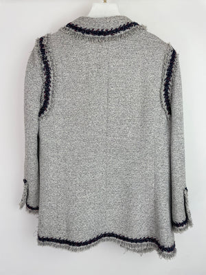 Chanel 08P Light Grey Tweed Jacket with Contrast Navy and Red Tweed Trim with CC Detail Buttons On The Cuff Size FR 38 (UK 10)