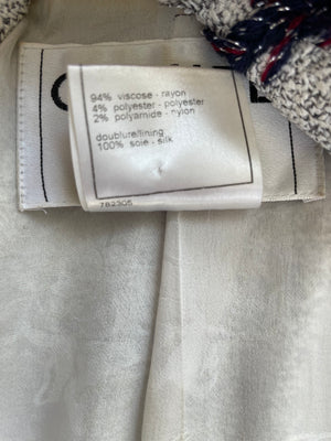 Chanel 08P Light Grey Tweed Jacket with Contrast Navy and Red Tweed Trim with CC Detail Buttons On The Cuff Size FR 38 (UK 10)