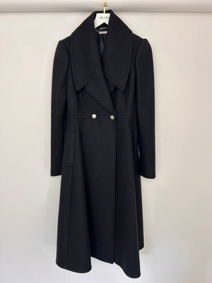 Alexander McQueen Black Flared Wool Coat With Silver Buttons And Oversized Lapels Size IT 40 (UK 8)