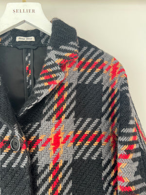 Miu Miu Grey, Black, Red, Camel Check Tweed Button Down Coat IT 38 (UK 6)
